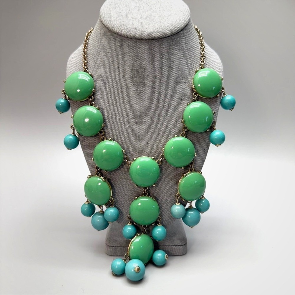 J Crew Chunky Long Bib Necklace 23" Adjustable Green Blue Acrylic Circle Beads